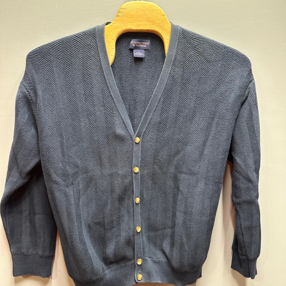 Roundtree & Yorke Mens XL Navy Blue Herringbone Cotton Button Front Cardigan